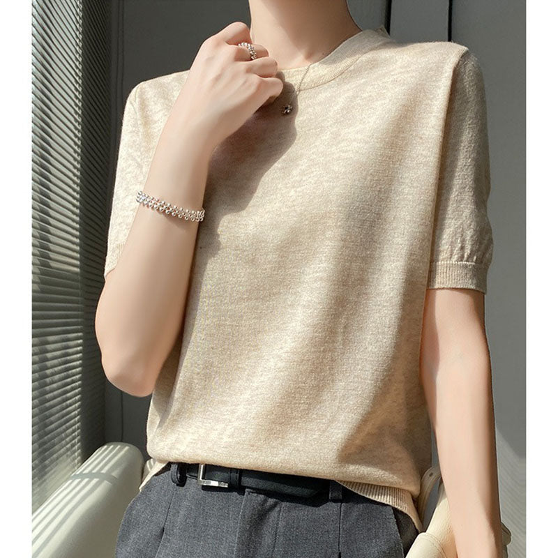 Spring and Summer Worsted Thin Tencel Women Loose Round-neck T-shirt Solid Color Sweater Half-sleeved