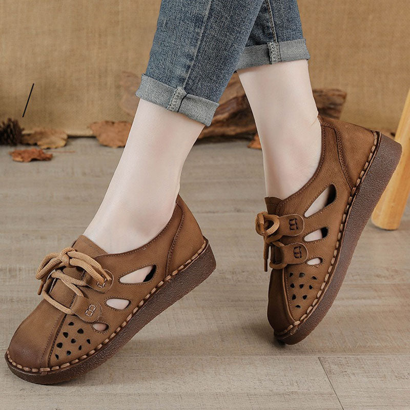 Retro Genuine Leather Soft Sole Hollow Wide-foot Sandals