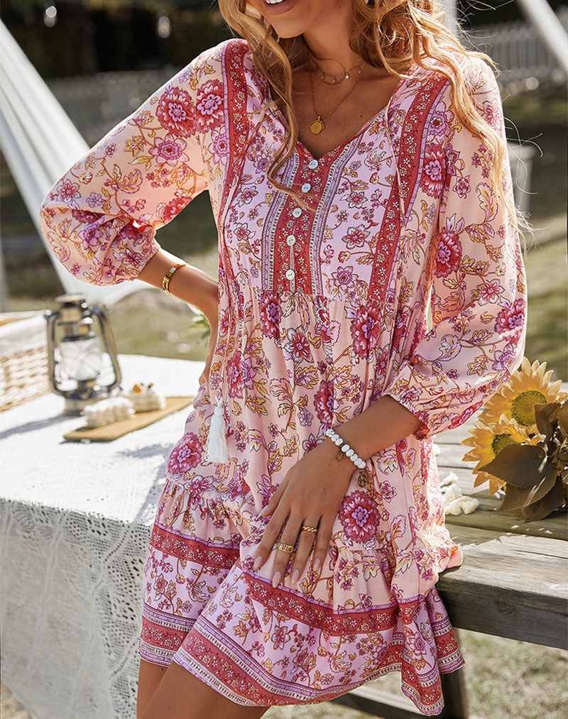 Casual Bohemian V-neck A-line Holiday Style Floral Dresses