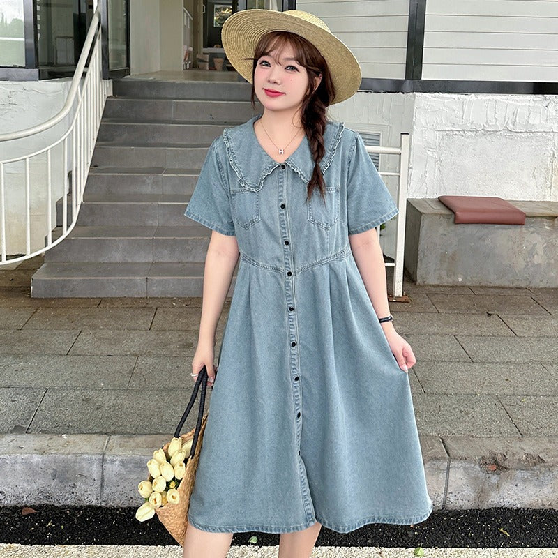 Retro Summer Doll Collar Denim Dress Women High-Waist A-line Skirt