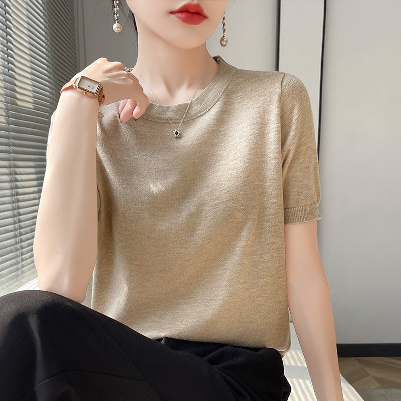 Spring and Summer Worsted Thin Tencel Women Loose Round-neck T-shirt Solid Color Sweater Half-sleeved