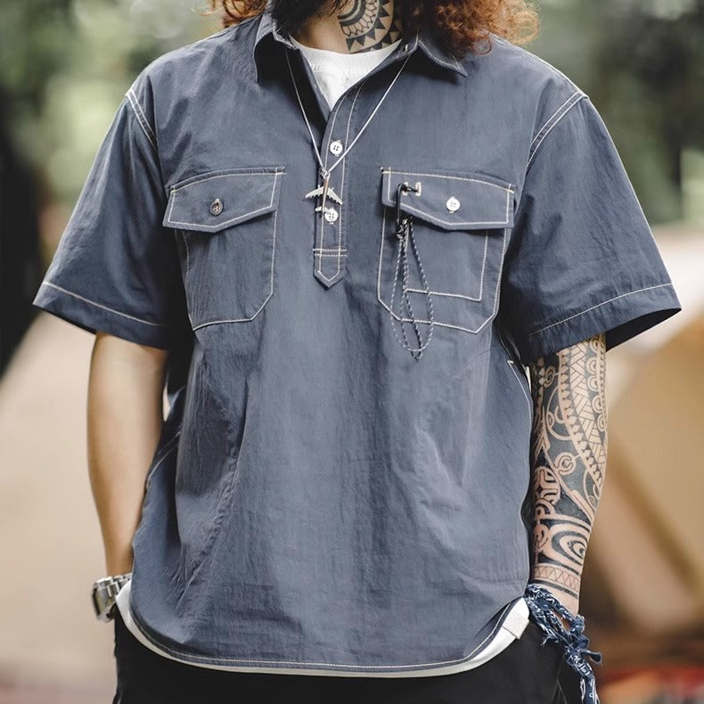 Casual Short Sleeve Shirt Pocket Urban Outdoor Collar Men's Shirt