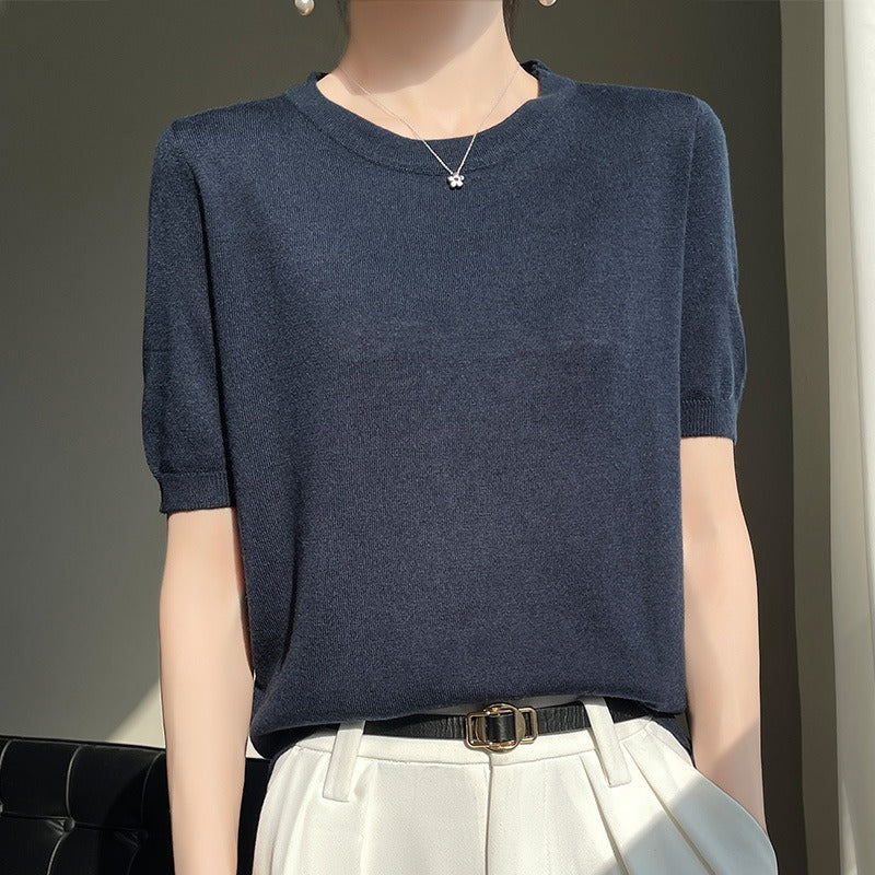 Spring and Summer Worsted Thin Tencel Women Loose Round-neck T-shirt Solid Color Sweater Half-sleeved