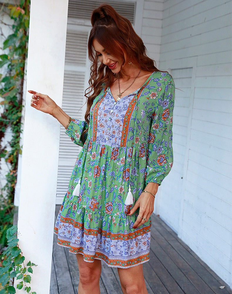 Casual Bohemian V-neck A-line Holiday Style Floral Dresses