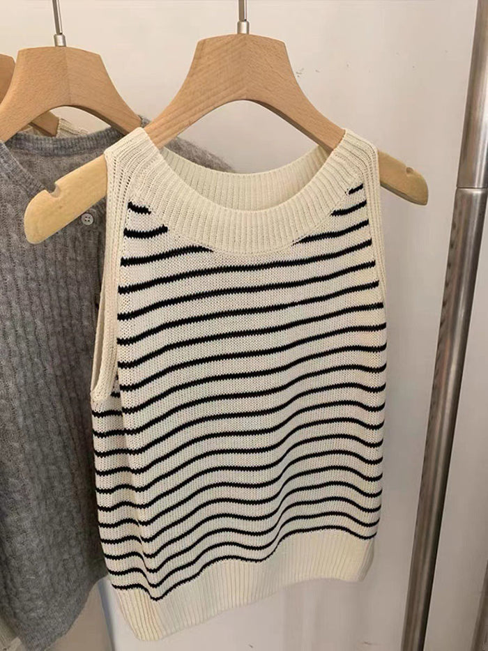 Striped Ice Silk Sweater Tank Top Summer Casual Sleeveless Linen Loose Top