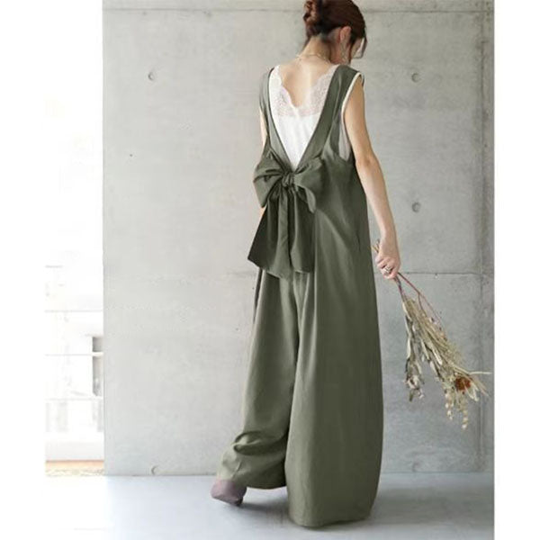 Retro loose backless bow girl summer side pocket cargo pants overalls wide leg pants