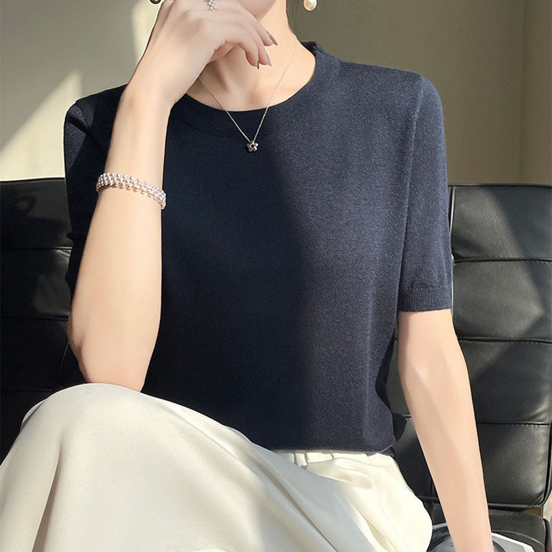 Spring and Summer Worsted Thin Tencel Women Loose Round-neck T-shirt Solid Color Sweater Half-sleeved