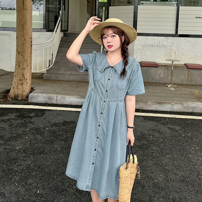 Retro Summer Doll Collar Denim Dress Women High-Waist A-line Skirt