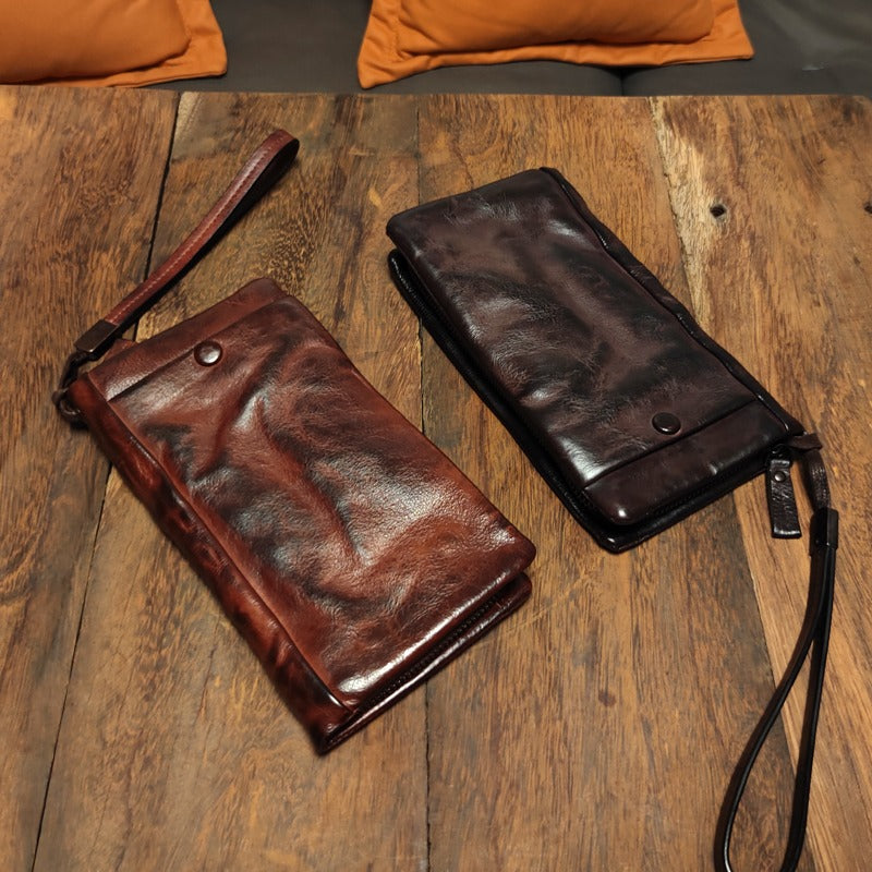 Retro Handmade Leather Long Purse Card Holder Mobile Phone Bag