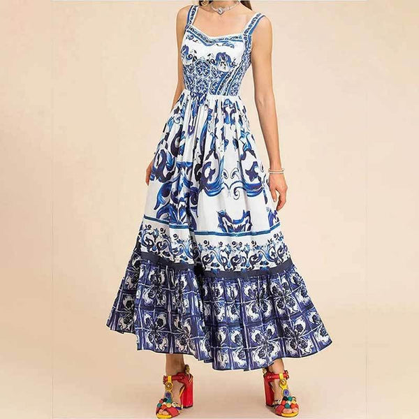 New Women's Bohemian Printed Suspender High Waist Large Swing Dress