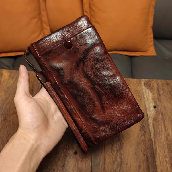 Retro Handmade Leather Long Purse Card Holder Mobile Phone Bag