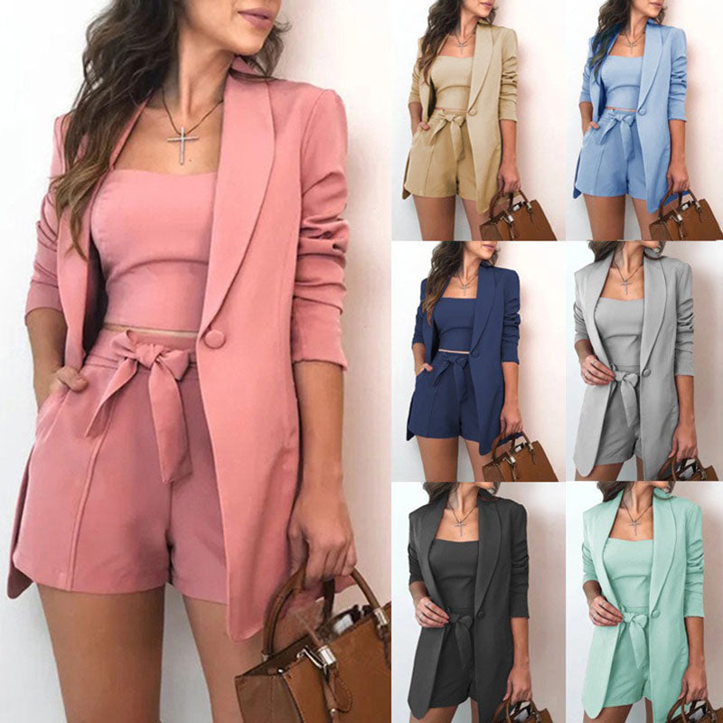 Classic Slim High-waisted Shorts Vest Suit Jacket Three-piece Set