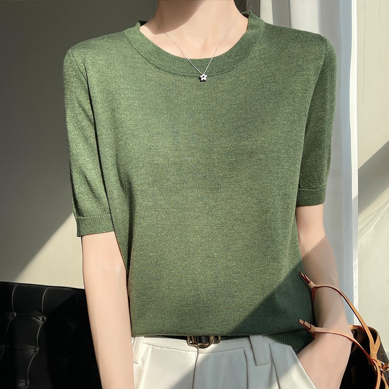 Spring and Summer Worsted Thin Tencel Women Loose Round-neck T-shirt Solid Color Sweater Half-sleeved