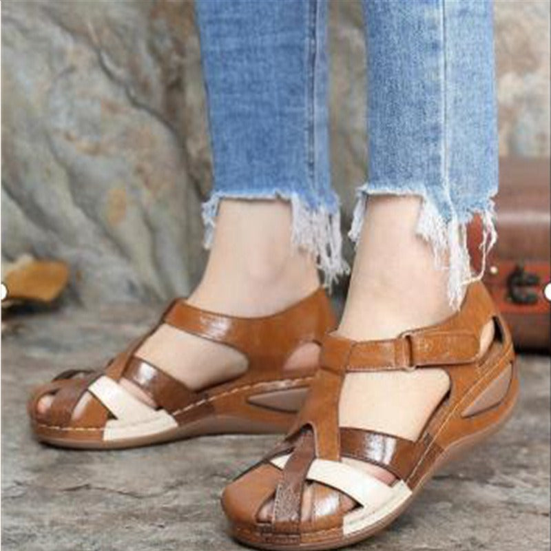 Retro Round Toe Slope Heel Cross Buckle Sandals