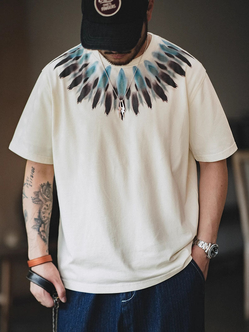 Retro Feather Printed Short Sleeve Ethnic Style T-shirt