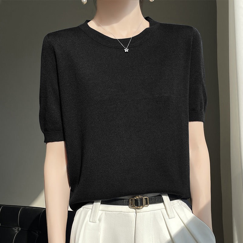 Spring and Summer Worsted Thin Tencel Women Loose Round-neck T-shirt Solid Color Sweater Half-sleeved