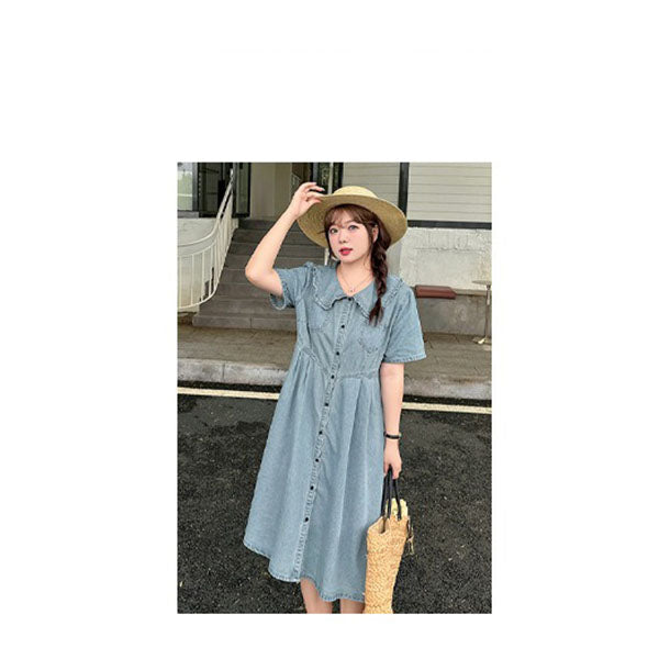 Retro Summer Doll Collar Denim Dress Women High-Waist A-line Skirt