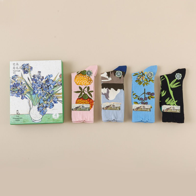 Women's Retro Oil Painting Style Gift Box Cotton Socks