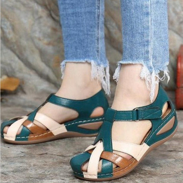 Retro Round Toe Slope Heel Cross Buckle Sandals