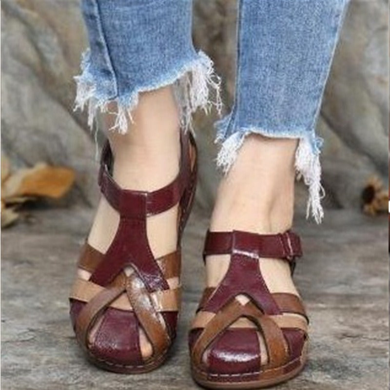 Retro Round Toe Slope Heel Cross Buckle Sandals