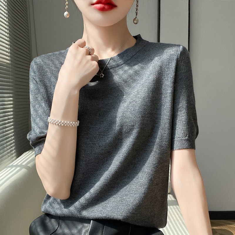 Spring and Summer Worsted Thin Tencel Women Loose Round-neck T-shirt Solid Color Sweater Half-sleeved