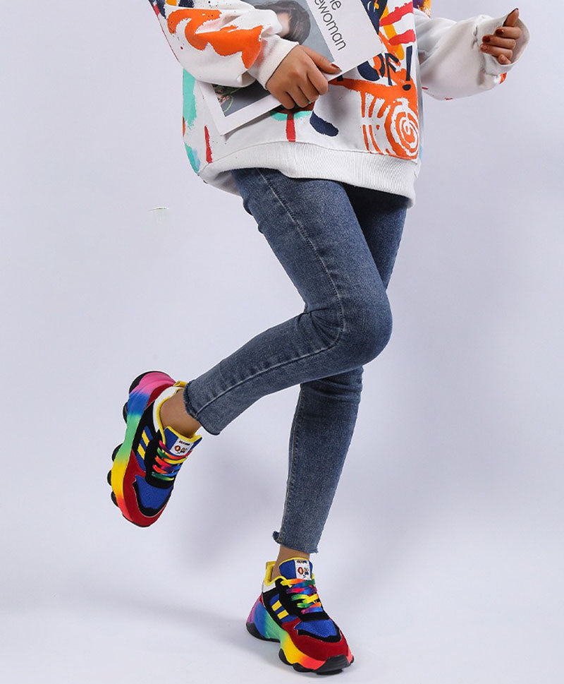 Casual Rainbow-bottom Lace-up Woven Breathable Sneakers