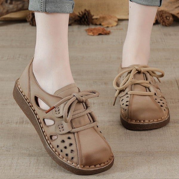 Retro Genuine Leather Soft Sole Hollow Wide-foot Sandals