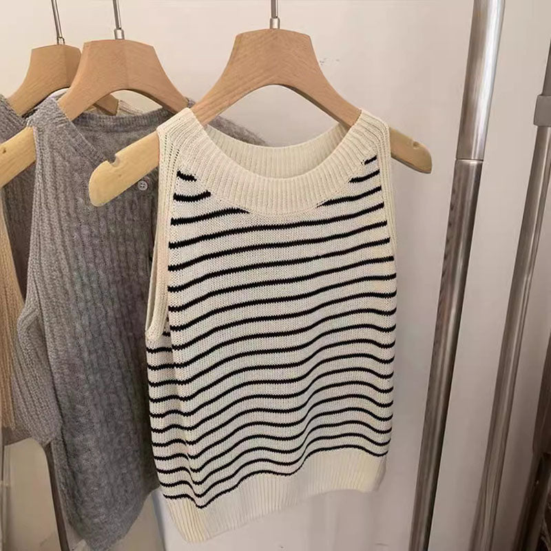 Striped Ice Silk Sweater Tank Top Summer Casual Sleeveless Linen Loose Top