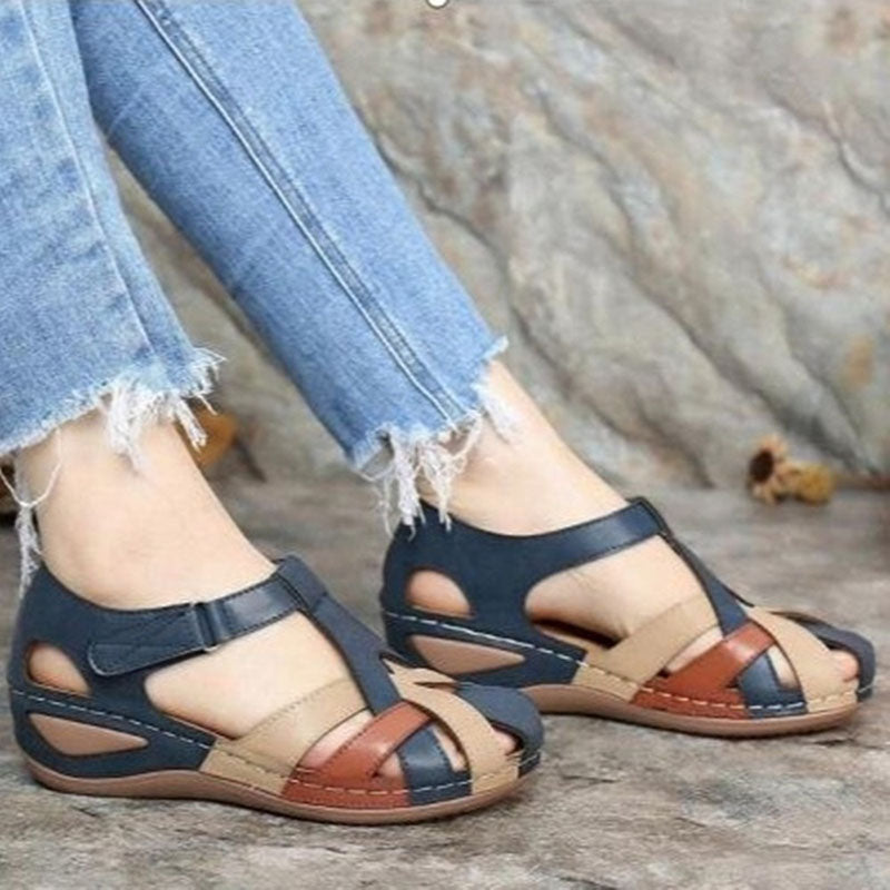 Retro Round Toe Slope Heel Cross Buckle Sandals