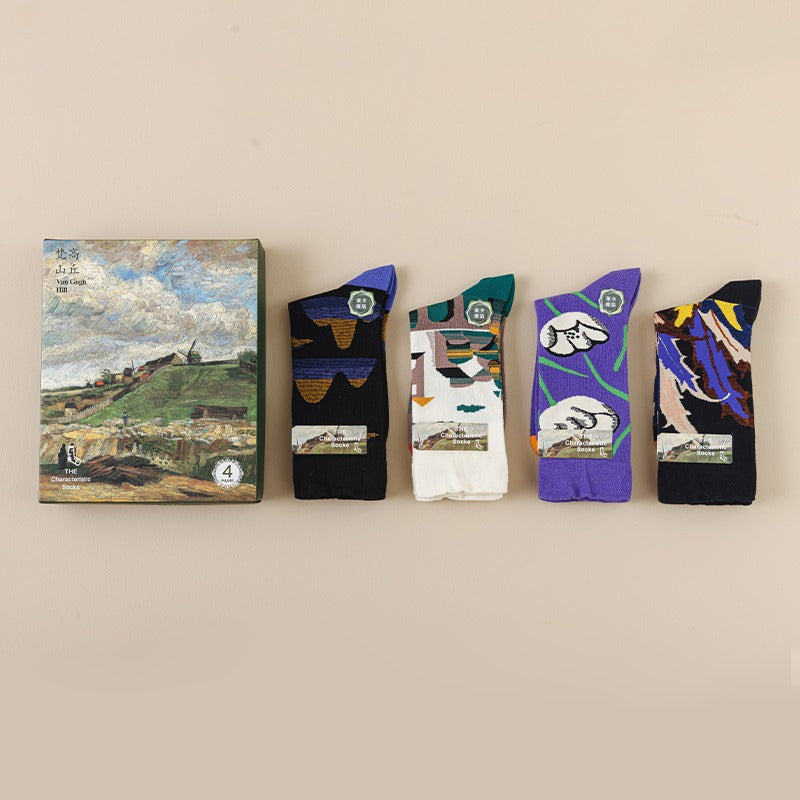 Women's Retro Oil Painting Style Gift Box Cotton Socks