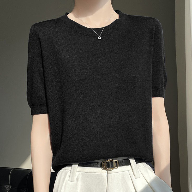 Spring and Summer Worsted Thin Tencel Women Loose Round-neck T-shirt Solid Color Sweater Half-sleeved