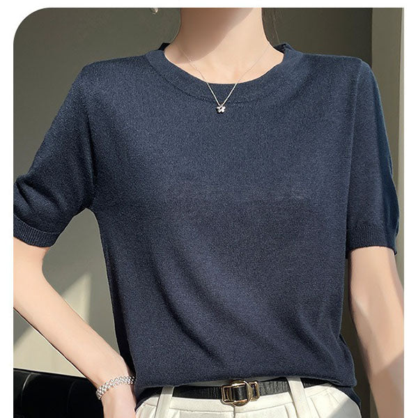 Spring and Summer Worsted Thin Tencel Women Loose Round-neck T-shirt Solid Color Sweater Half-sleeved