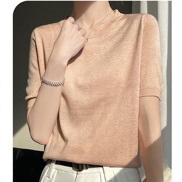 Spring and Summer Worsted Thin Tencel Women Loose Round-neck T-shirt Solid Color Sweater Half-sleeved