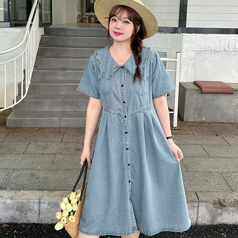 Retro Summer Doll Collar Denim Dress Women High-Waist A-line Skirt