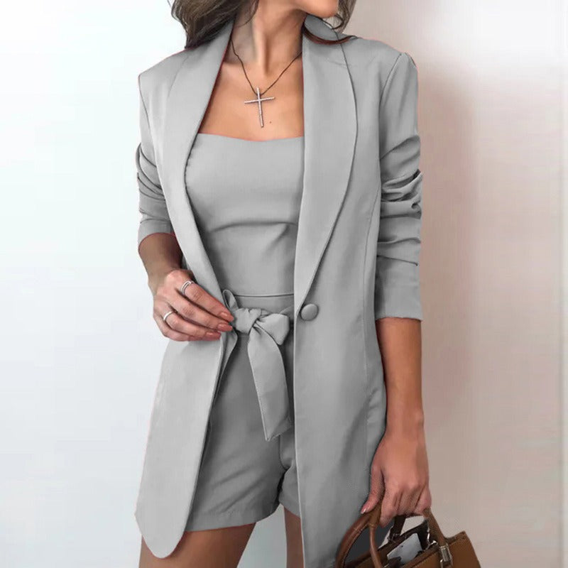 Classic Slim High-waisted Shorts Vest Suit Jacket Three-piece Set