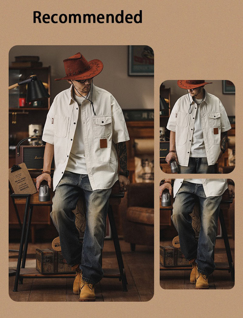 Retro Workwear Short Sleeved Shirt Men's Summer Casual Shirt