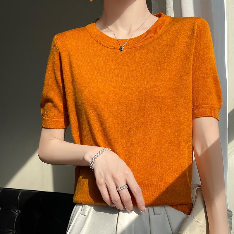 Spring and Summer Worsted Thin Tencel Women Loose Round-neck T-shirt Solid Color Sweater Half-sleeved