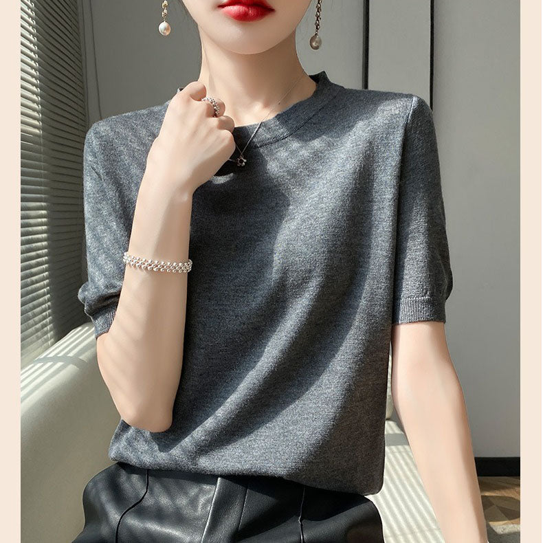 Spring and Summer Worsted Thin Tencel Women Loose Round-neck T-shirt Solid Color Sweater Half-sleeved