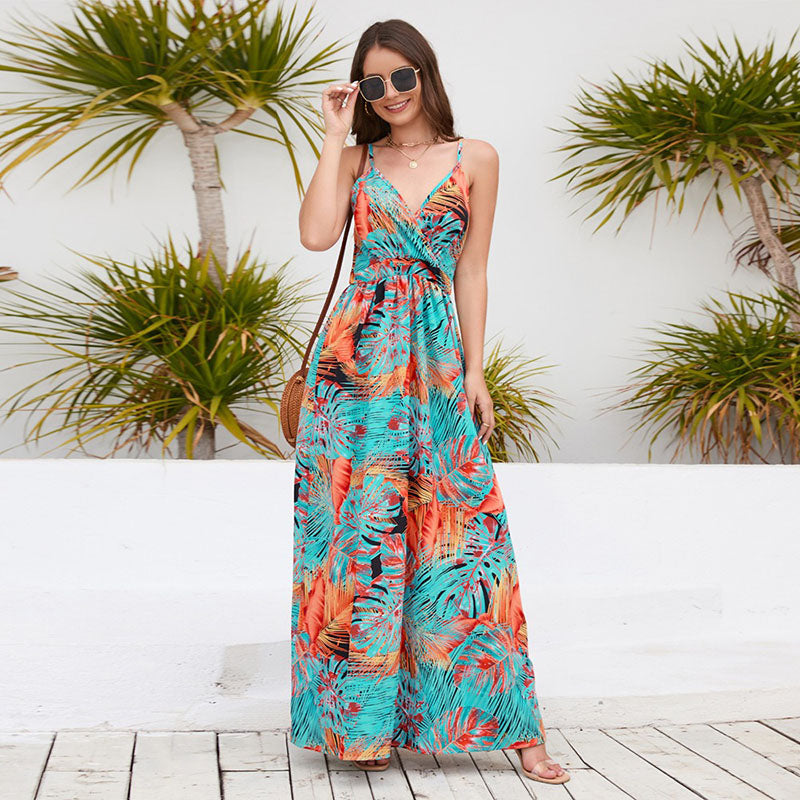 New Style Bohemian Printed Sexy V-neck Sling Dress